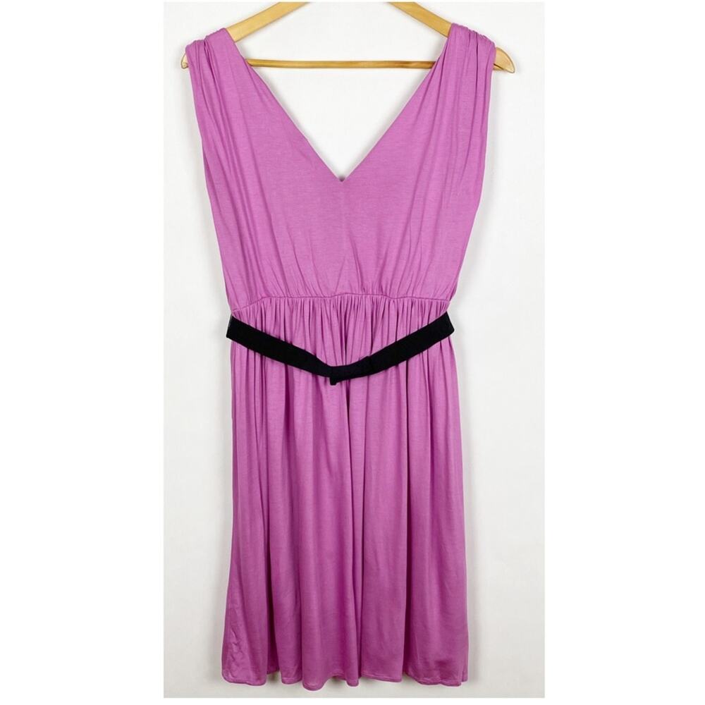 Ann Taylor Loft Pleated V Neck Belted Purple Dress Size Medium - Picture 2 of 6